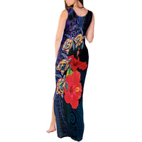 Pasifika Festival Tank Maxi Dress Plumeria Turtles with Hibiscus - Polynesian Art Tattoo Dark Navy Color LT03 - Polynesian Pride