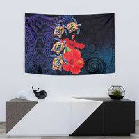 Pasifika Festival Tapestry Plumeria Turtles with Hibiscus - Polynesian Art Tattoo Dark Navy Color LT03 - Polynesian Pride