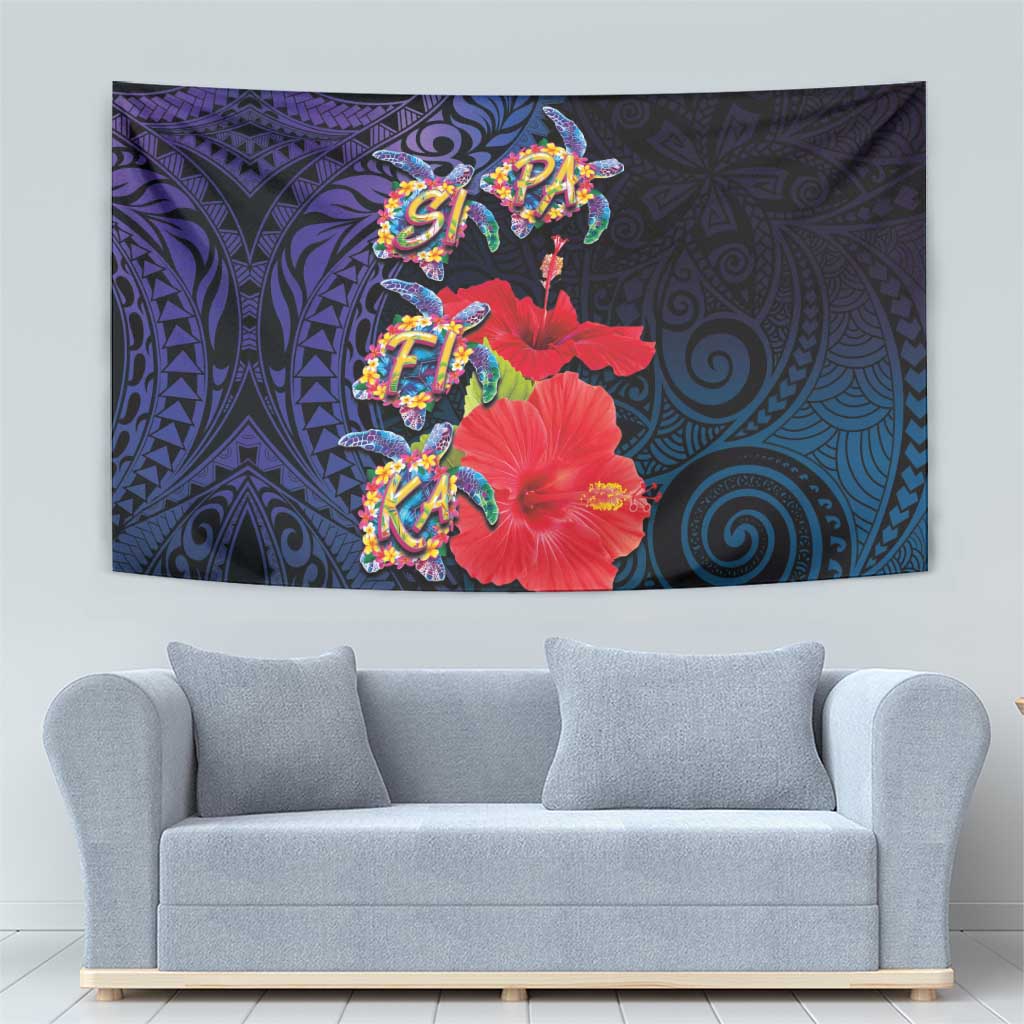 Pasifika Festival Tapestry Plumeria Turtles with Hibiscus - Polynesian Art Tattoo Dark Navy Color LT03 - Polynesian Pride