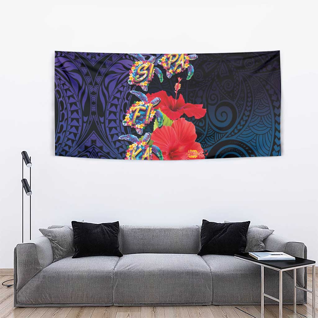 Pasifika Festival Tapestry Plumeria Turtles with Hibiscus - Polynesian Art Tattoo Dark Navy Color LT03 - Polynesian Pride