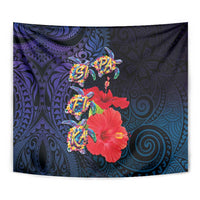 Pasifika Festival Tapestry Plumeria Turtles with Hibiscus - Polynesian Art Tattoo Dark Navy Color LT03 - Polynesian Pride