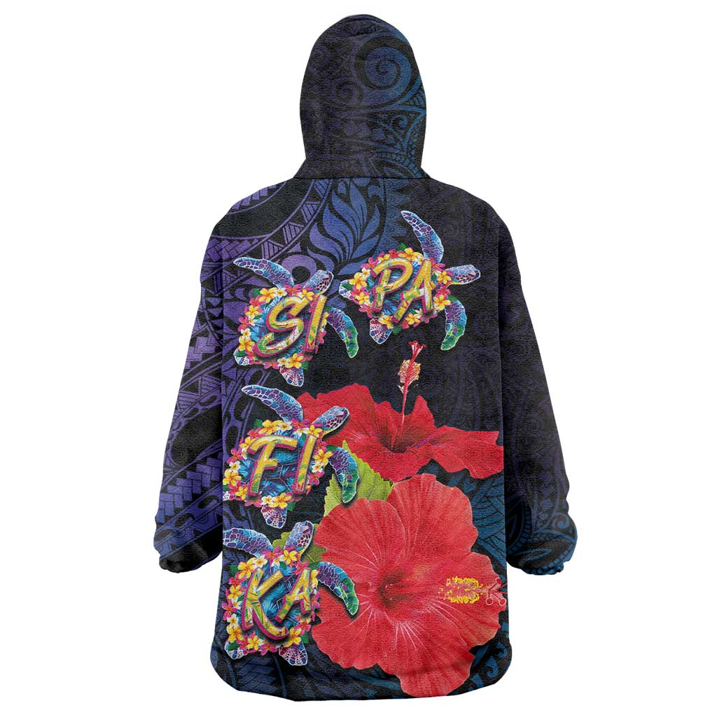 Pasifika Festival Wearable Blanket Hoodie Plumeria Turtles with Hibiscus - Polynesian Art Tattoo Dark Navy Color LT03 - Polynesian Pride