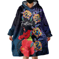 Pasifika Festival Wearable Blanket Hoodie Plumeria Turtles with Hibiscus - Polynesian Art Tattoo Dark Navy Color LT03 - Polynesian Pride