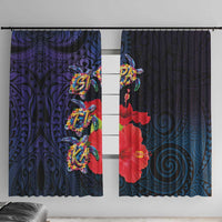 Pasifika Festival Window Curtain Plumeria Turtles with Hibiscus - Polynesian Art Tattoo Dark Navy Color LT03 With Hooks Dark Navy - Polynesian Pride