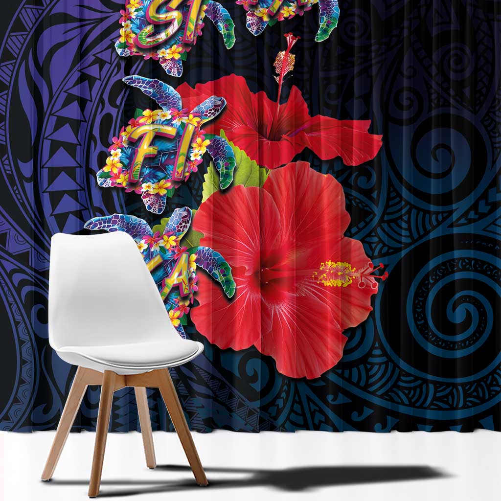 Pasifika Festival Window Curtain Plumeria Turtles with Hibiscus - Polynesian Art Tattoo Dark Navy Color LT03 - Polynesian Pride
