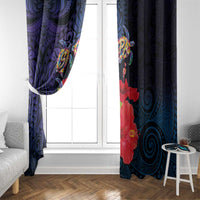 Pasifika Festival Window Curtain Plumeria Turtles with Hibiscus - Polynesian Art Tattoo Dark Navy Color LT03 - Polynesian Pride