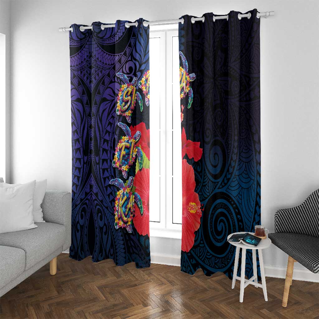 Pasifika Festival Window Curtain Plumeria Turtles with Hibiscus - Polynesian Art Tattoo Dark Navy Color LT03 With Grommets Dark Navy - Polynesian Pride