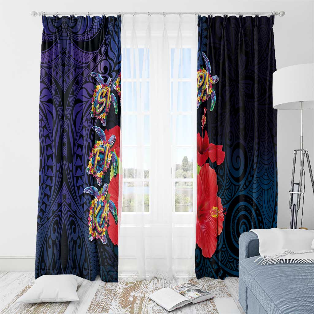 Pasifika Festival Window Curtain Plumeria Turtles with Hibiscus - Polynesian Art Tattoo Dark Navy Color LT03 - Polynesian Pride