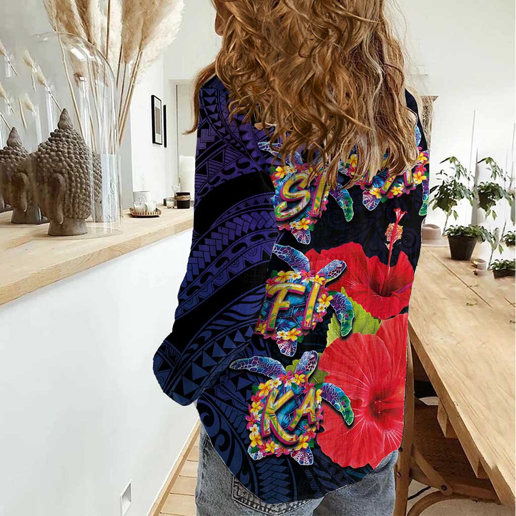 Pasifika Festival Women Casual Shirt Plumeria Turtles with Hibiscus - Polynesian Art Tattoo Dark Navy Color LT03 - Polynesian Pride