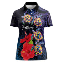 Pasifika Festival Women Polo Shirt Plumeria Turtles with Hibiscus - Polynesian Art Tattoo Dark Navy Color LT03 Female Dark Navy - Polynesian Pride