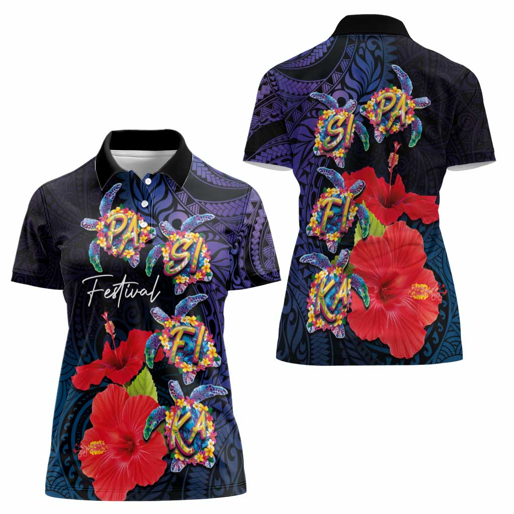 Pasifika Festival Women Polo Shirt Plumeria Turtles with Hibiscus - Polynesian Art Tattoo Dark Navy Color LT03 - Polynesian Pride