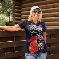 Pasifika Festival Women Polo Shirt Plumeria Turtles with Hibiscus - Polynesian Art Tattoo Dark Navy Color LT03 - Polynesian Pride