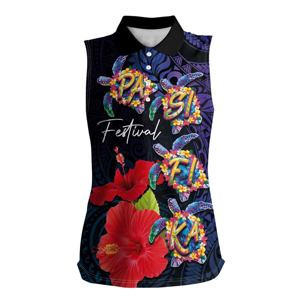 Pasifika Festival Women Sleeveless Polo Shirt Plumeria Turtles with Hibiscus - Polynesian Art Tattoo Dark Navy Color LT03 Female Dark Navy - Polynesian Pride