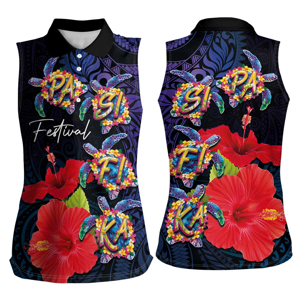 Pasifika Festival Women Sleeveless Polo Shirt Plumeria Turtles with Hibiscus - Polynesian Art Tattoo Dark Navy Color LT03 - Polynesian Pride