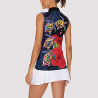 Pasifika Festival Women Sleeveless Polo Shirt Plumeria Turtles with Hibiscus - Polynesian Art Tattoo Dark Navy Color LT03 - Polynesian Pride
