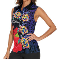 Pasifika Festival Women Sleeveless Polo Shirt Plumeria Turtles with Hibiscus - Polynesian Art Tattoo Dark Navy Color LT03 - Polynesian Pride