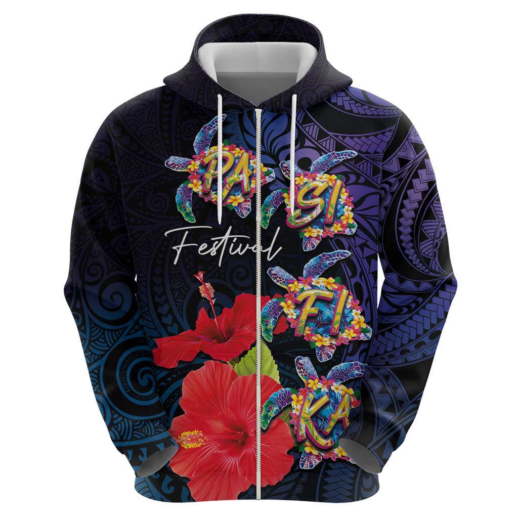 Pasifika Festival Zip Hoodie Plumeria Turtles with Hibiscus - Polynesian Art Tattoo Dark Navy Color LT03 - Polynesian Pride