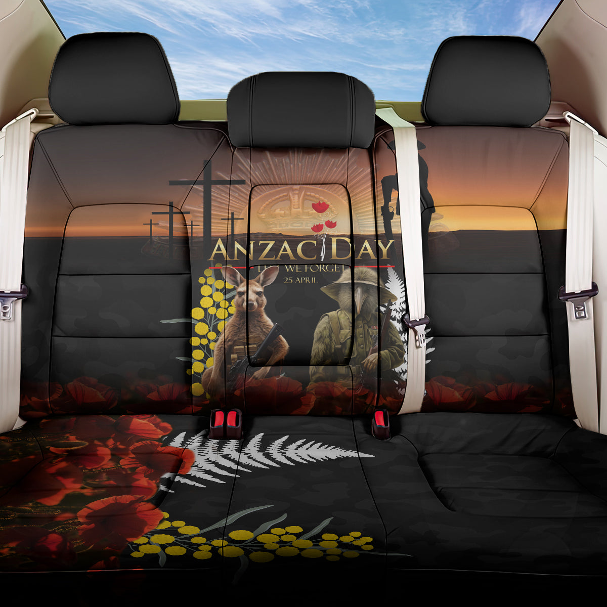 New Zealand and Australia ANZAC Day Back Car Seat Cover Kiwi Bird and Kangaroo Soldier LT03 One Size Black - Polynesian Pride