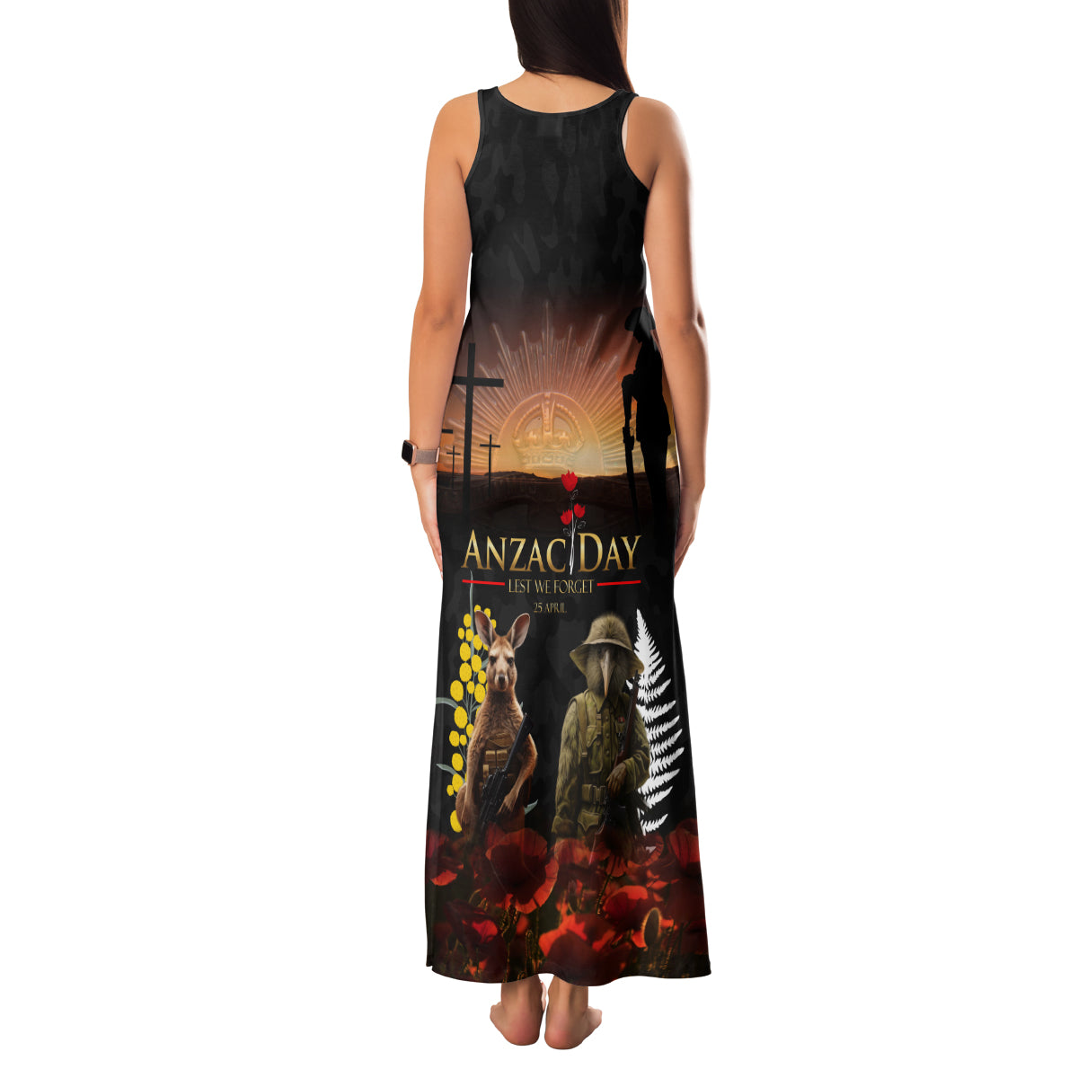 New Zealand and Australia ANZAC Day Family Matching Tank Maxi Dress and Hawaiian Shirt Kiwi Bird and Kangaroo Soldier LT03 - Polynesian Pride
