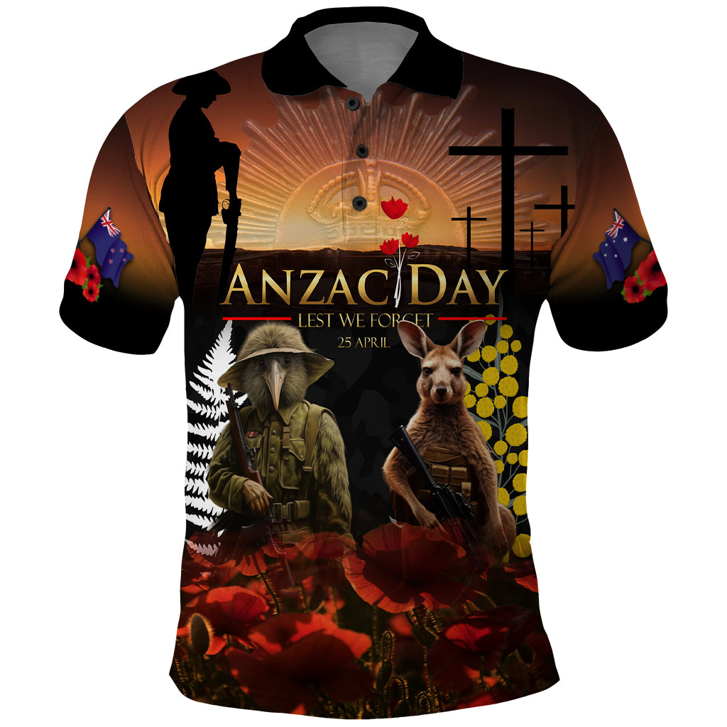 New Zealand and Australia ANZAC Day Polo Shirt - Kiwi Bird and Kangaroo Soldier LT03 Black - Polynesian Pride