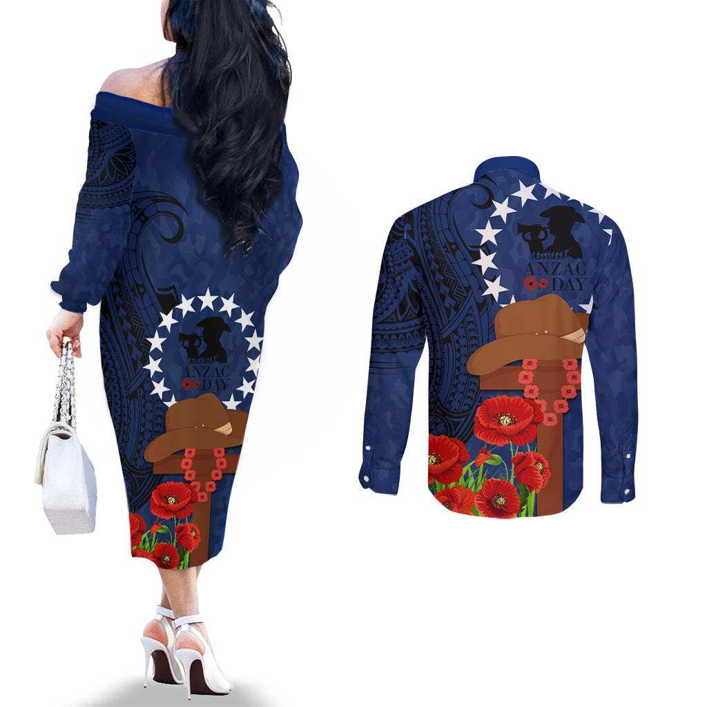Cook Island ANZAC Day Couples Matching Off The Shoulder Long Sleeve Dress and Long Sleeve Button Shirt Soldier Paying Respect We Shall Remember Them LT03 - Polynesian Pride