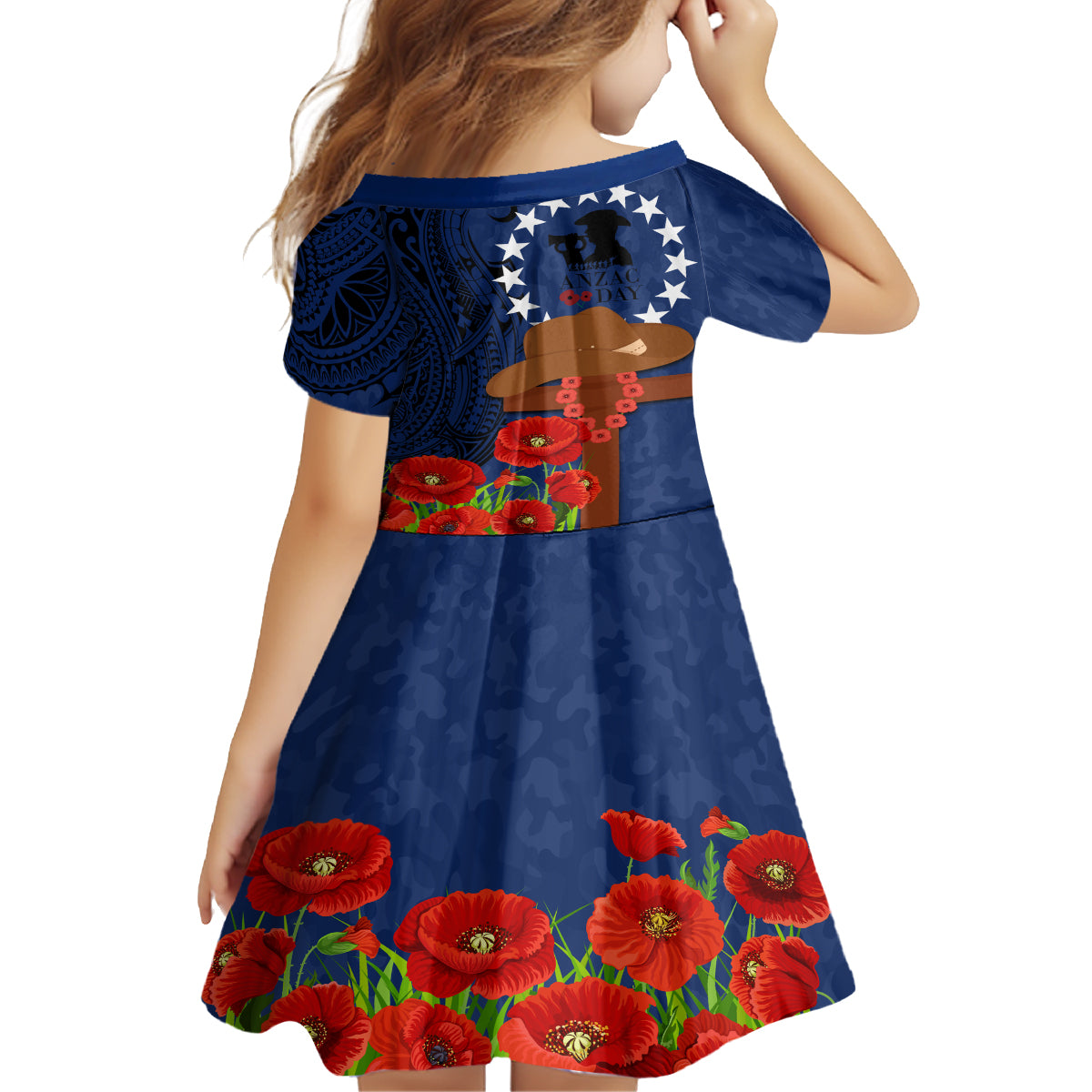 Cook Island ANZAC Day Kid Short Sleeve Dress Soldier Paying Respect We Shall Remember Them LT03 - Polynesian Pride