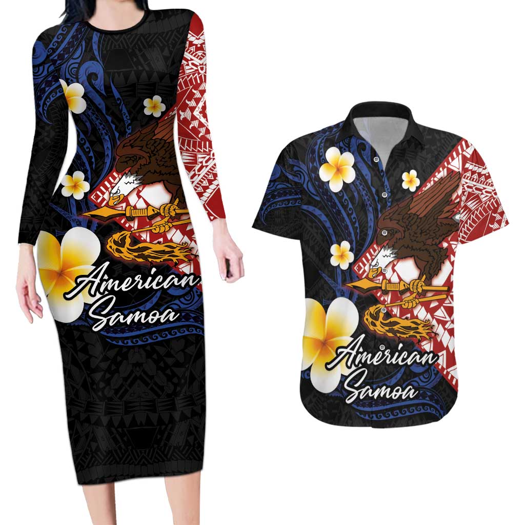 American Samoa Flag Day Couples Matching Long Sleeve Bodycon Dress and Hawaiian Shirt Polynesian Tatau Art and Plumeria LT03 Black - Polynesian Pride