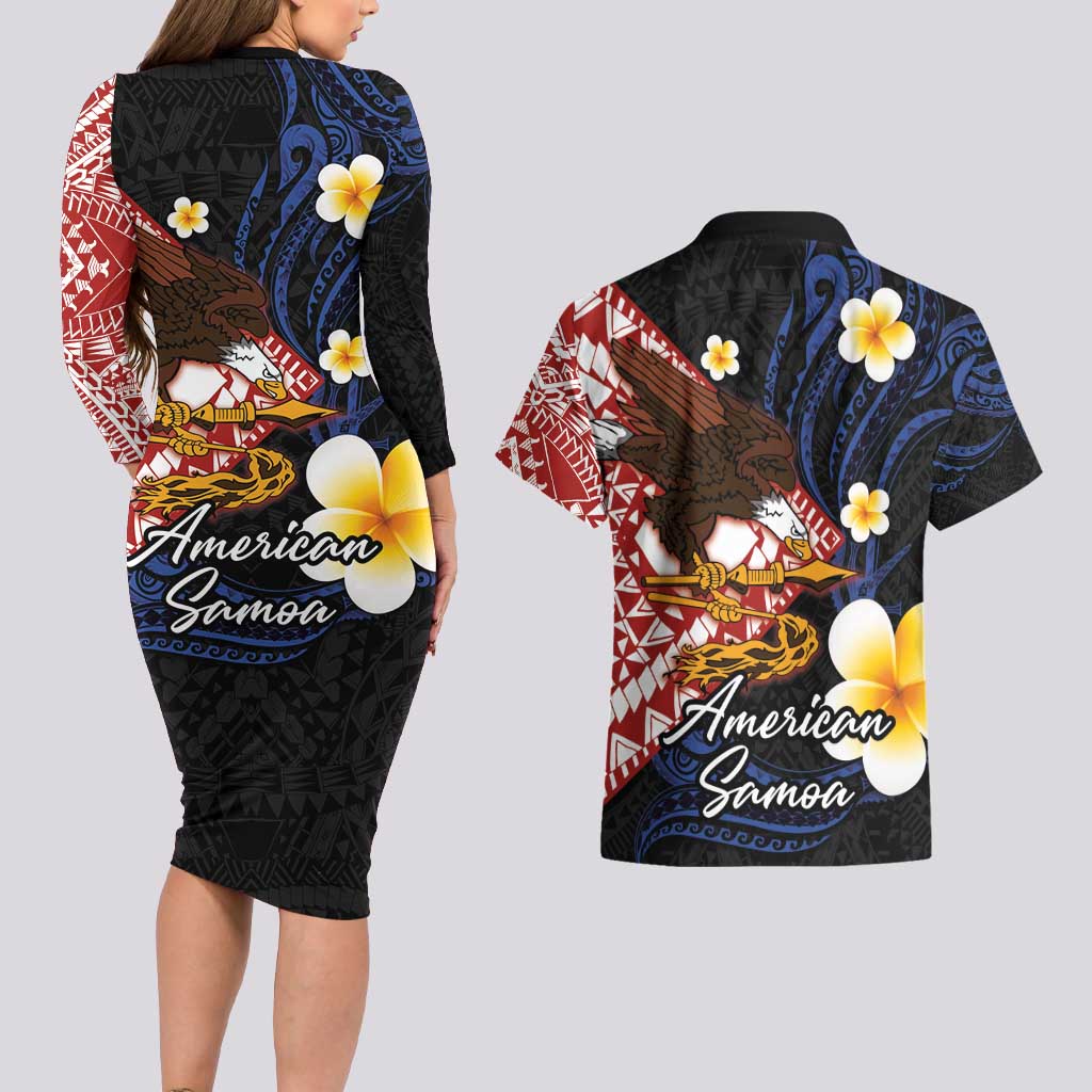 American Samoa Flag Day Couples Matching Long Sleeve Bodycon Dress and Hawaiian Shirt Polynesian Tatau Art and Plumeria LT03 - Polynesian Pride
