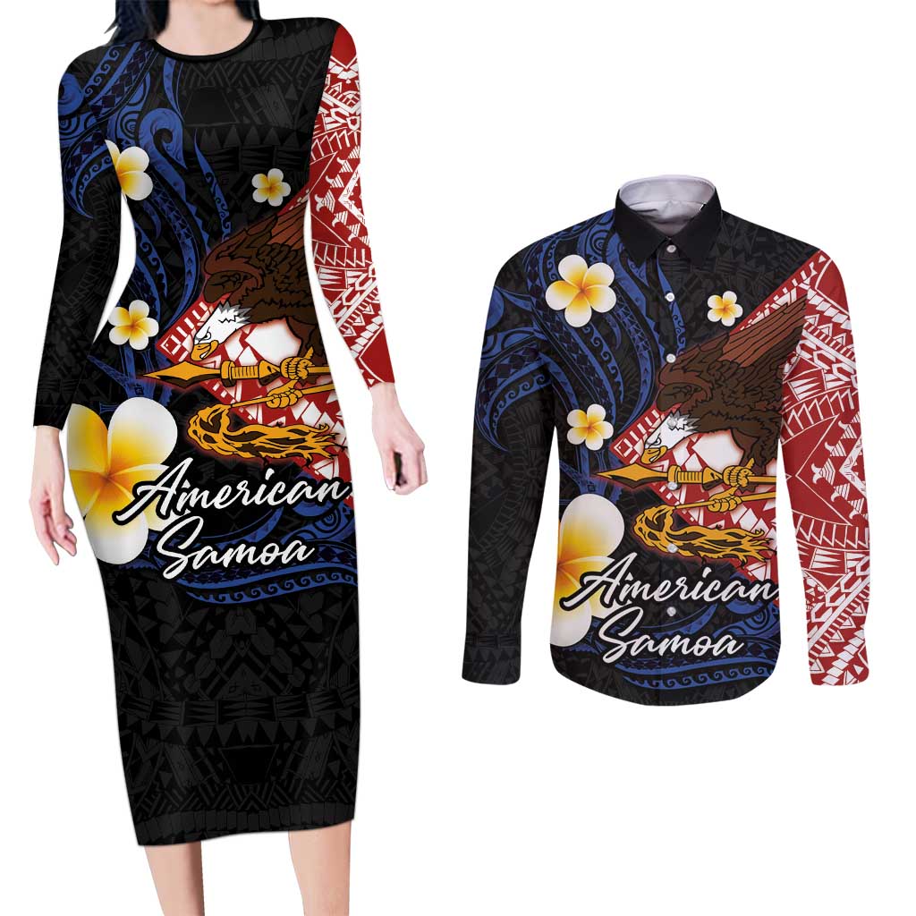 American Samoa Flag Day Couples Matching Long Sleeve Bodycon Dress and Long Sleeve Button Shirt Polynesian Tatau Art and Plumeria LT03 Black - Polynesian Pride