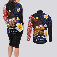 American Samoa Flag Day Couples Matching Long Sleeve Bodycon Dress and Long Sleeve Button Shirt Polynesian Tatau Art and Plumeria LT03 - Polynesian Pride