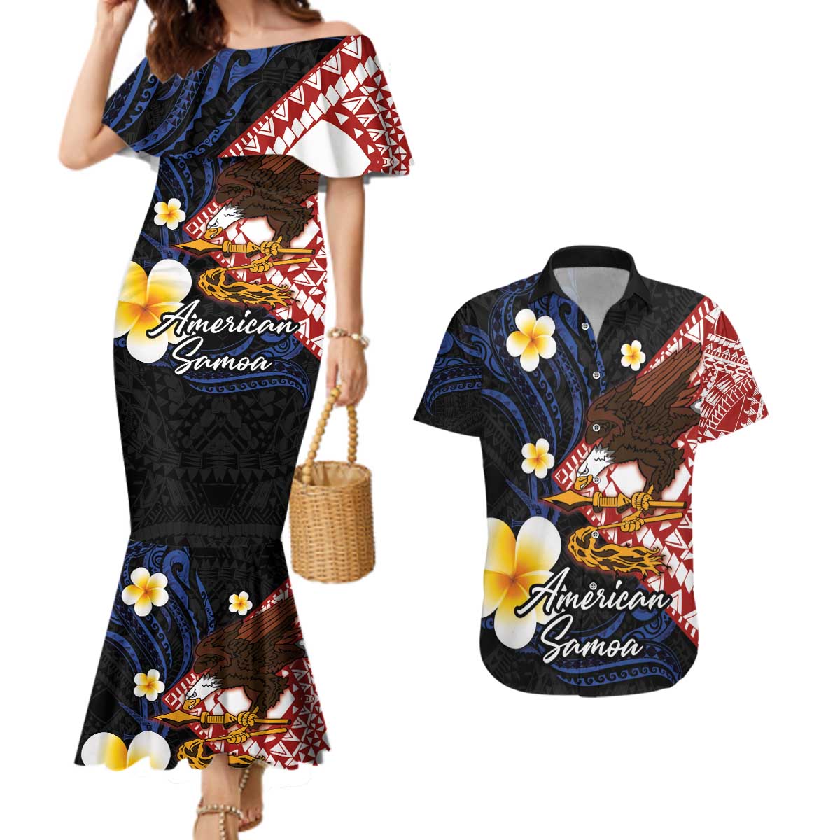 American Samoa Flag Day Couples Matching Mermaid Dress and Hawaiian Shirt Polynesian Tatau Art and Plumeria LT03 Black - Polynesian Pride