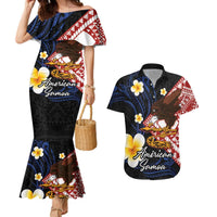 American Samoa Flag Day Couples Matching Mermaid Dress and Hawaiian Shirt Polynesian Tatau Art and Plumeria LT03 Black - Polynesian Pride