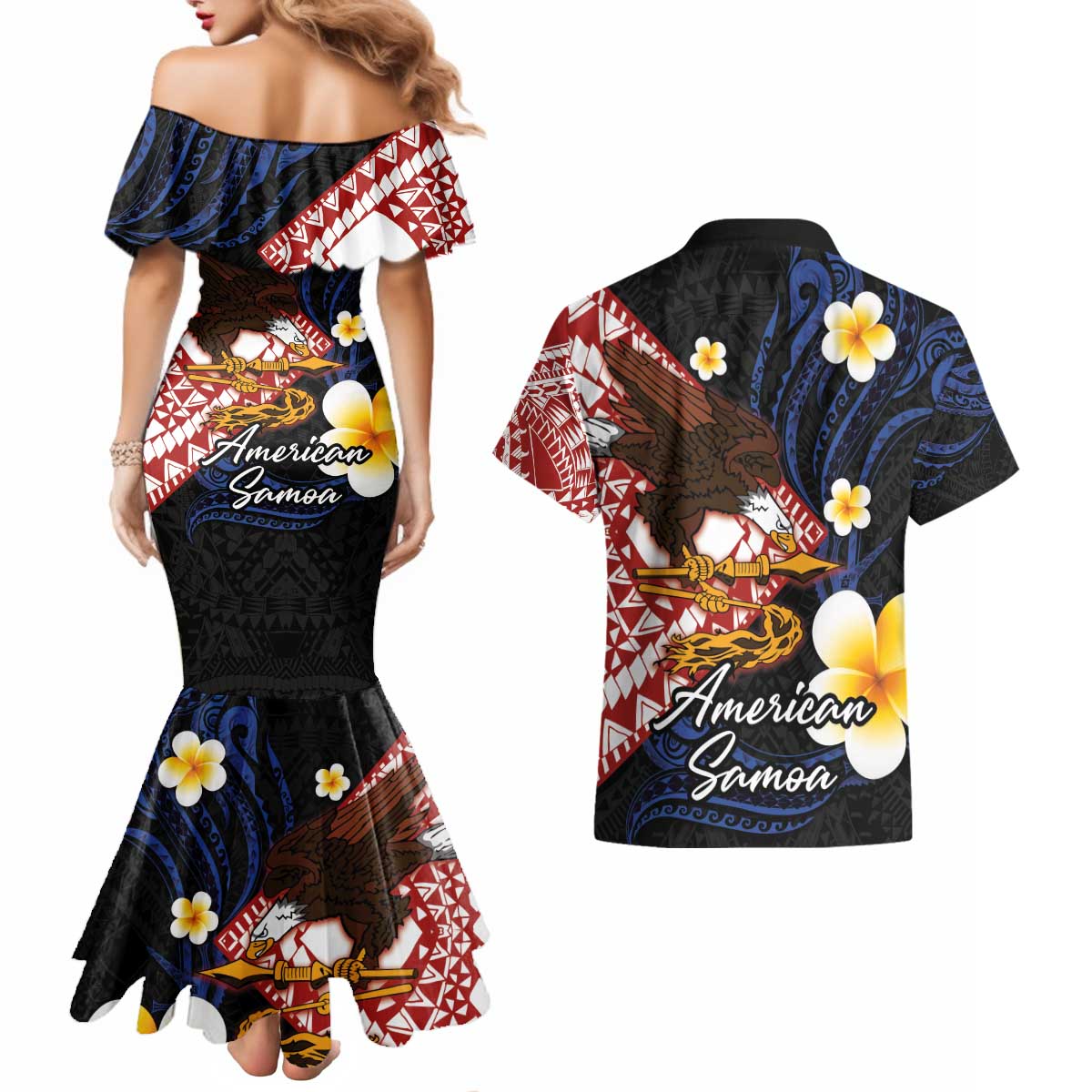 American Samoa Flag Day Couples Matching Mermaid Dress and Hawaiian Shirt Polynesian Tatau Art and Plumeria LT03 - Polynesian Pride
