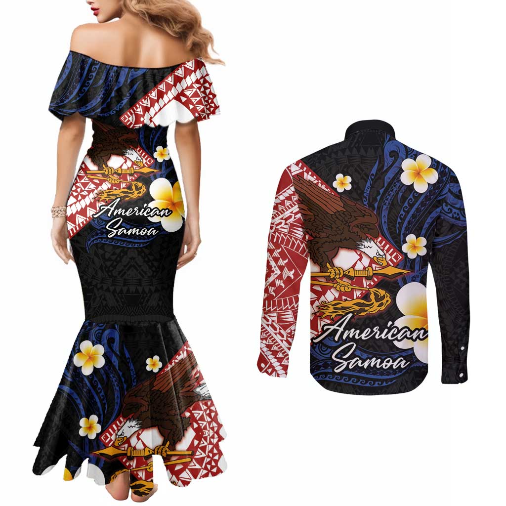 American Samoa Flag Day Couples Matching Mermaid Dress and Long Sleeve Button Shirt Polynesian Tatau Art and Plumeria LT03 - Polynesian Pride