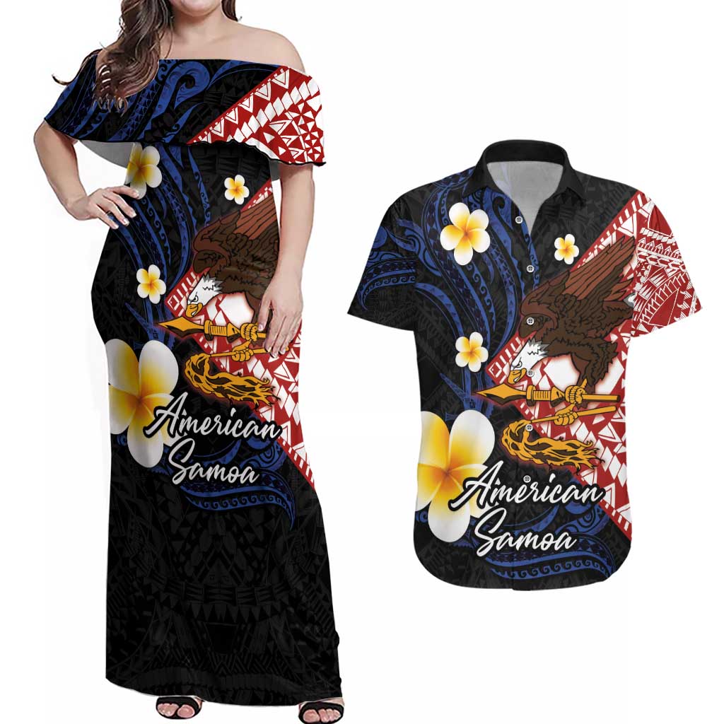 American Samoa Flag Day Couples Matching Off Shoulder Maxi Dress and Hawaiian Shirt Polynesian Tatau Art and Plumeria LT03 Black - Polynesian Pride