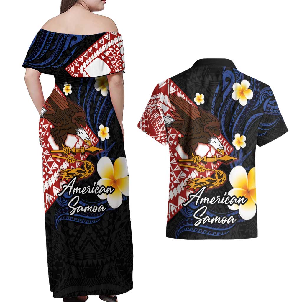 American Samoa Flag Day Couples Matching Off Shoulder Maxi Dress and Hawaiian Shirt Polynesian Tatau Art and Plumeria LT03 - Polynesian Pride