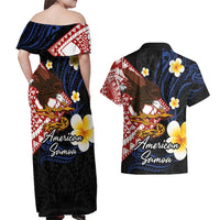 American Samoa Flag Day Couples Matching Off Shoulder Maxi Dress and Hawaiian Shirt Polynesian Tatau Art and Plumeria LT03 - Polynesian Pride