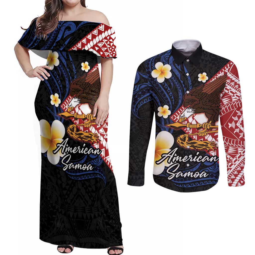 American Samoa Flag Day Couples Matching Off Shoulder Maxi Dress and Long Sleeve Button Shirt Polynesian Tatau Art and Plumeria LT03 Black - Polynesian Pride