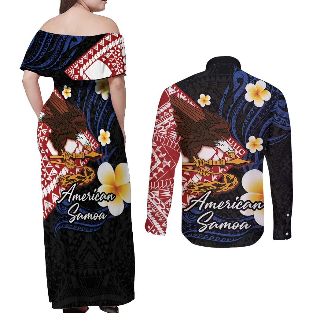 American Samoa Flag Day Couples Matching Off Shoulder Maxi Dress and Long Sleeve Button Shirt Polynesian Tatau Art and Plumeria LT03 - Polynesian Pride