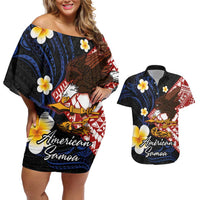 American Samoa Flag Day Couples Matching Off Shoulder Short Dress and Hawaiian Shirt Polynesian Tatau Art and Plumeria LT03 Black - Polynesian Pride