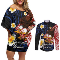 American Samoa Flag Day Couples Matching Off Shoulder Short Dress and Long Sleeve Button Shirt Polynesian Tatau Art and Plumeria LT03 Black - Polynesian Pride