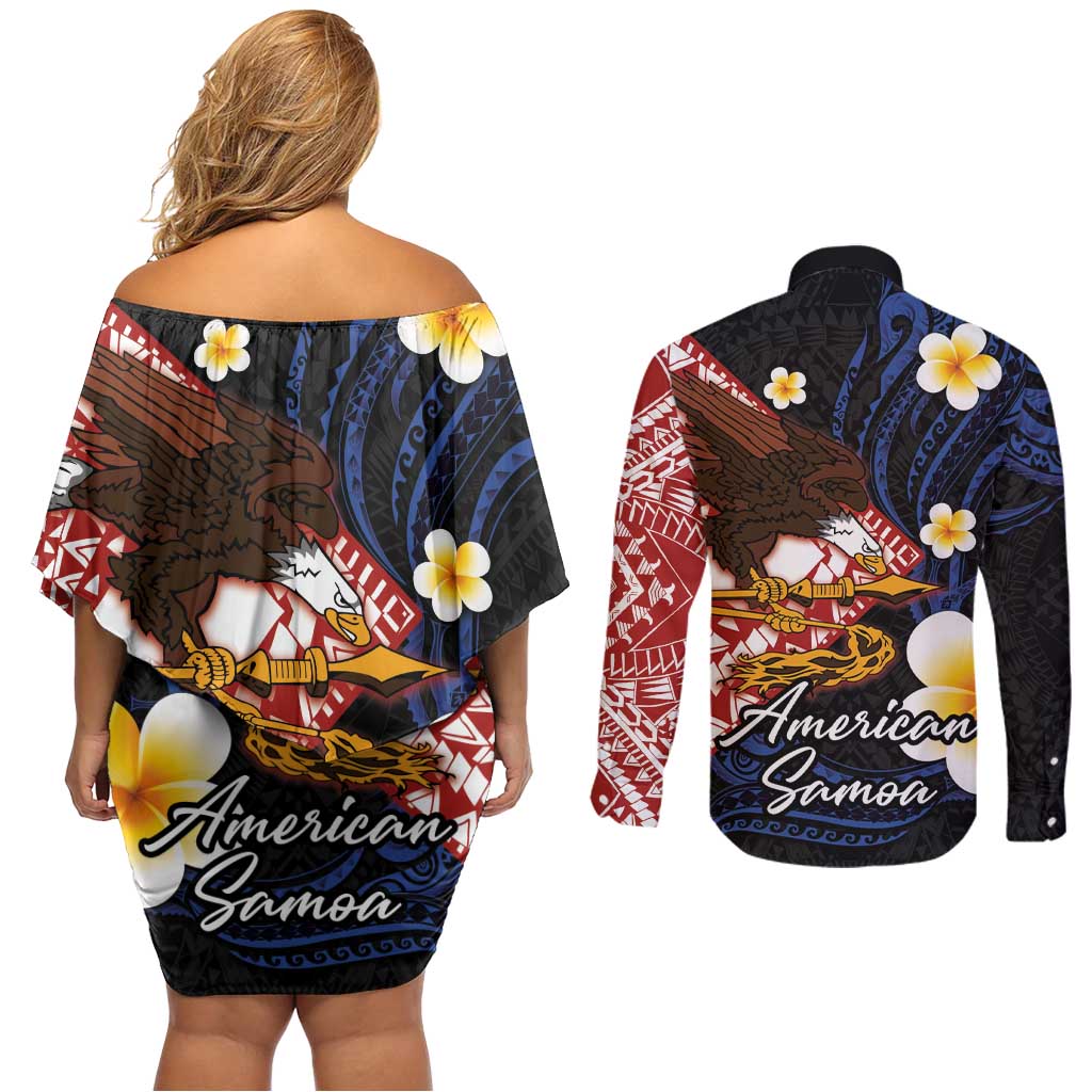 American Samoa Flag Day Couples Matching Off Shoulder Short Dress and Long Sleeve Button Shirt Polynesian Tatau Art and Plumeria LT03 - Polynesian Pride