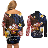 American Samoa Flag Day Couples Matching Off Shoulder Short Dress and Long Sleeve Button Shirt Polynesian Tatau Art and Plumeria LT03 - Polynesian Pride