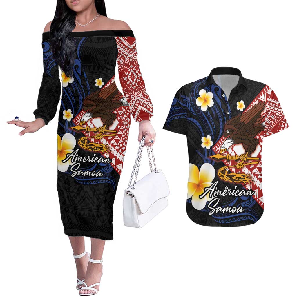 American Samoa Flag Day Couples Matching Off The Shoulder Long Sleeve Dress and Hawaiian Shirt Polynesian Tatau Art and Plumeria LT03 Black - Polynesian Pride