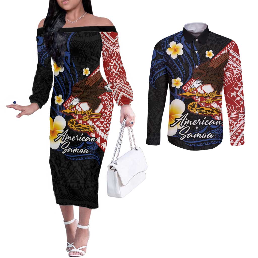 American Samoa Flag Day Couples Matching Off The Shoulder Long Sleeve Dress and Long Sleeve Button Shirt Polynesian Tatau Art and Plumeria LT03 Black - Polynesian Pride