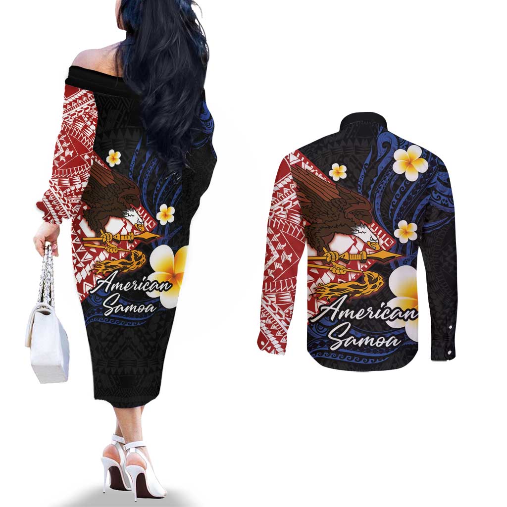 American Samoa Flag Day Couples Matching Off The Shoulder Long Sleeve Dress and Long Sleeve Button Shirt Polynesian Tatau Art and Plumeria LT03 - Polynesian Pride