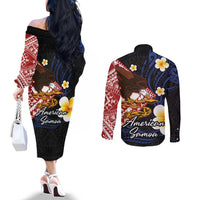 American Samoa Flag Day Couples Matching Off The Shoulder Long Sleeve Dress and Long Sleeve Button Shirt Polynesian Tatau Art and Plumeria LT03 - Polynesian Pride