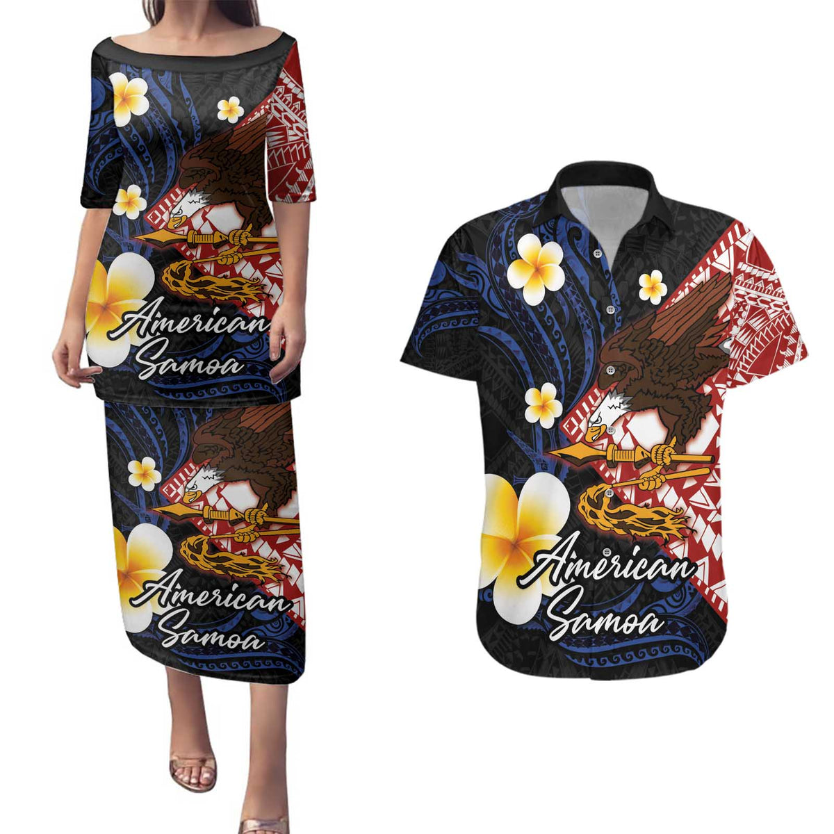 American Samoa Flag Day Couples Matching Puletasi and Hawaiian Shirt Polynesian Tatau Art and Plumeria LT03 Black - Polynesian Pride