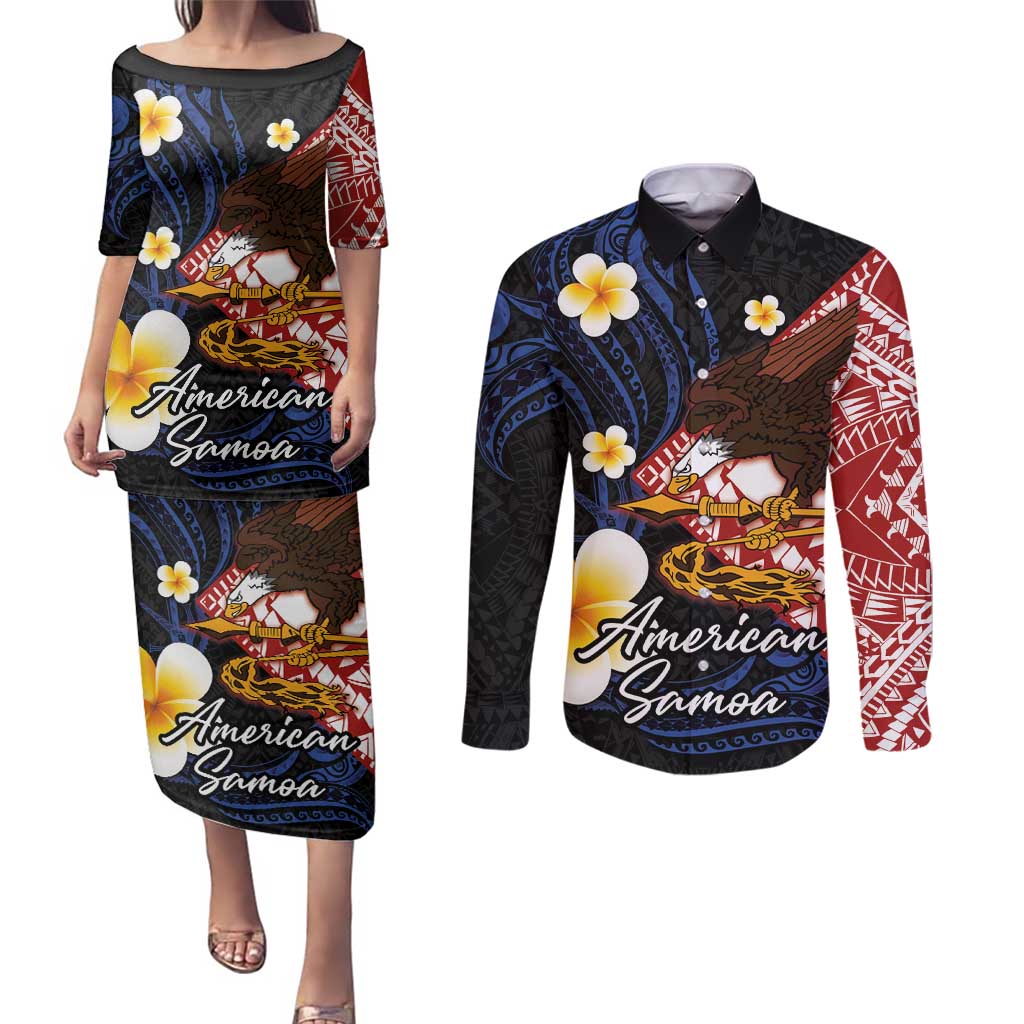 American Samoa Flag Day Couples Matching Puletasi and Long Sleeve Button Shirt Polynesian Tatau Art and Plumeria LT03 Black - Polynesian Pride