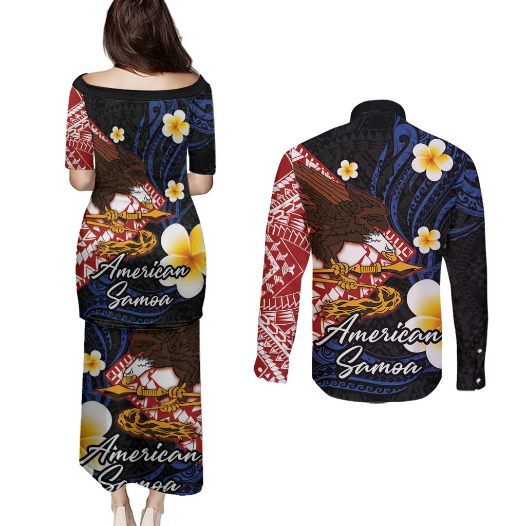 American Samoa Flag Day Couples Matching Puletasi and Long Sleeve Button Shirt Polynesian Tatau Art and Plumeria LT03 - Polynesian Pride